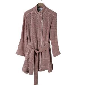 Per Se by Carlisle Netted Open Knit Belted Jacket in Red Cream Cotton Crochet, 8
